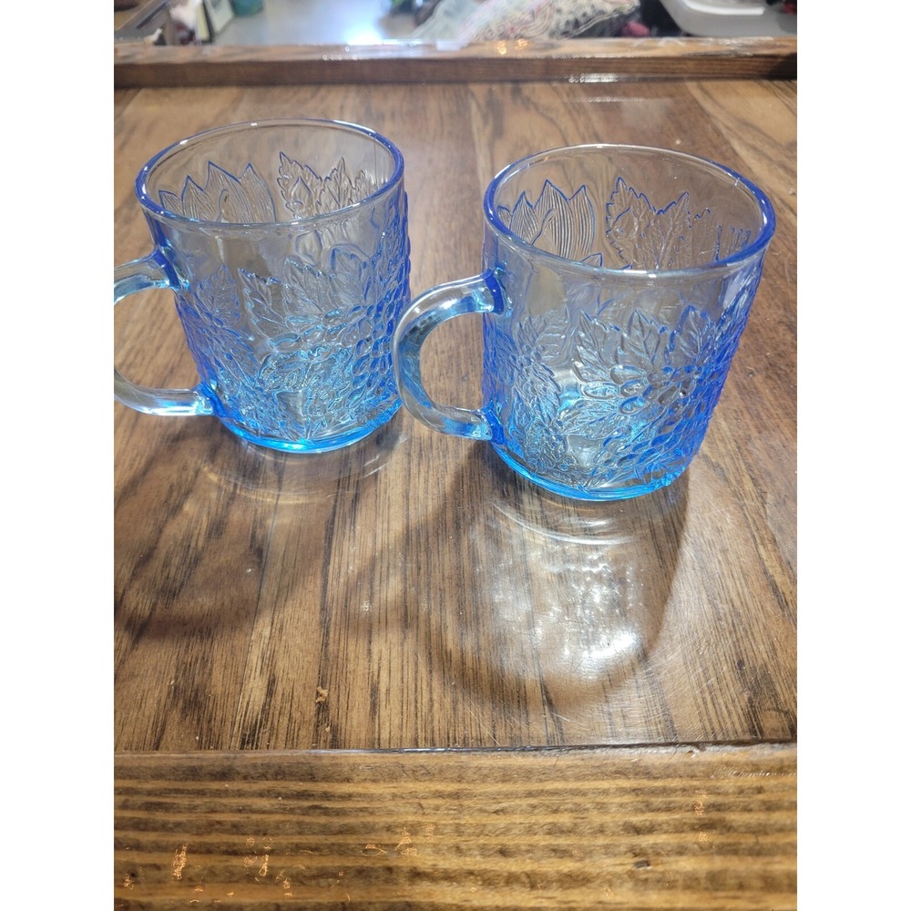 KIG Ice Blue Embossed Fruit Glass Coffee Cocoa Mug Tea Cup Indonesia VTG Vintage